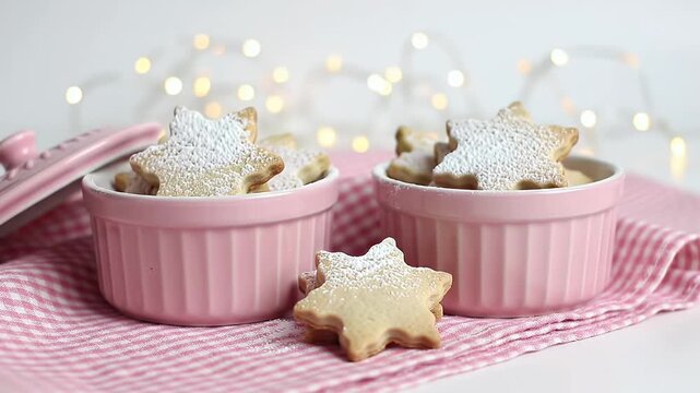 Pastel Pink Star-Shaped Sugar Cookies Presented in Small Ramekins on a Checkered Cloth