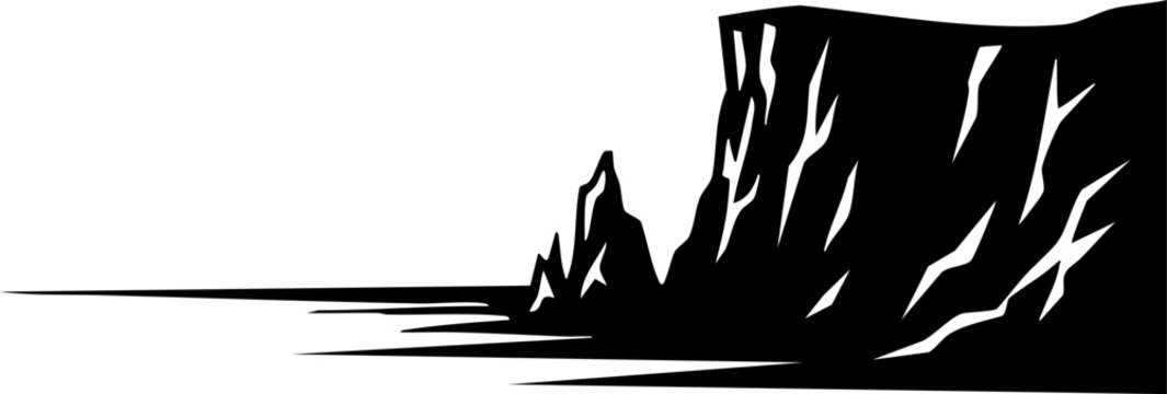 Dramatic rocky cliff coastline silhouette isolated on white background minimalist sea horizon and coastal nature landscape illustration