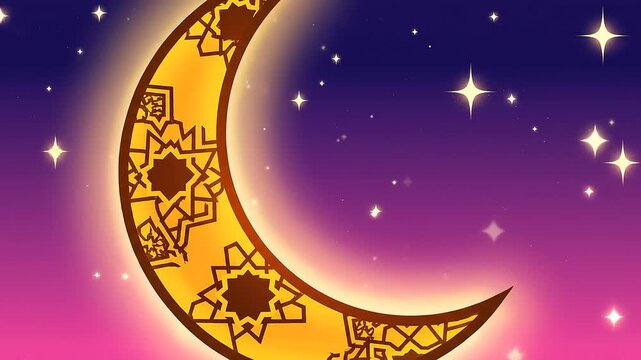 Glowing crescent moon with intricate patterns under starry night sky, for Ramadan or Islamic celebration background