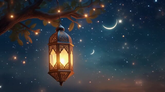 Glowing lantern hangs from tree under crescent moon and stars on night sky background for Ramadan celebration or Eid al-Fitr