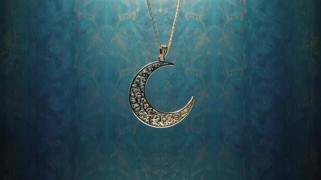 Golden crescent moon pendant on chain against blue patterned background with spotlight