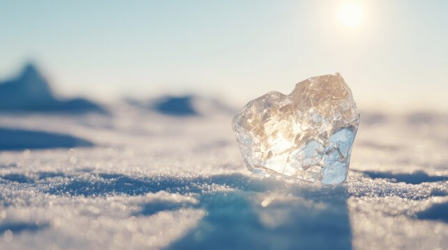 Light shines through an ice piece on a snowy landscape during daylight