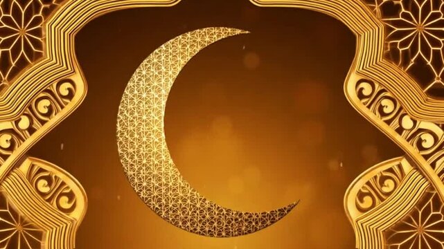 Golden crescent moon shining brightly in a dark background with intricate gold designs and patterns, symbolizing Ramadan or Islamic celebration