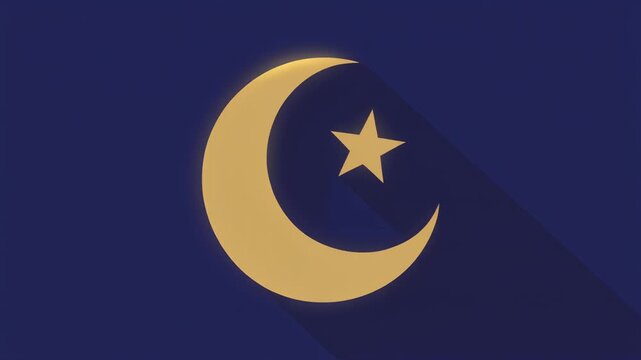 Islamic crescent moon and star symbol on dark blue background with shadows