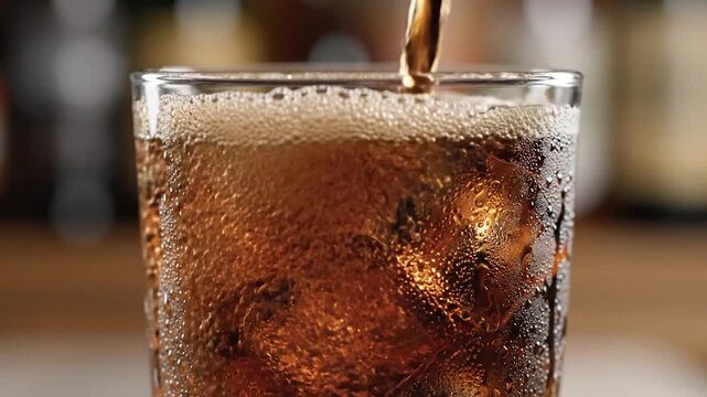 Close-up of dark liquid being poured into a glass filled with ice cubes
