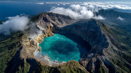 Aerial View of Volcanic Crater Lake with Sulfur Steam