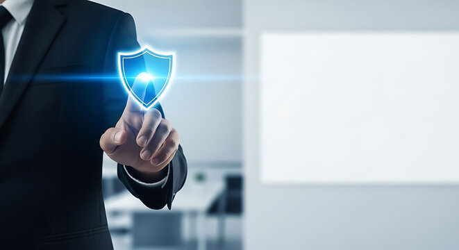 Businessman touching digital shield with finger, showcasing cyber security technology in modern office environment from close-up viewpoint.