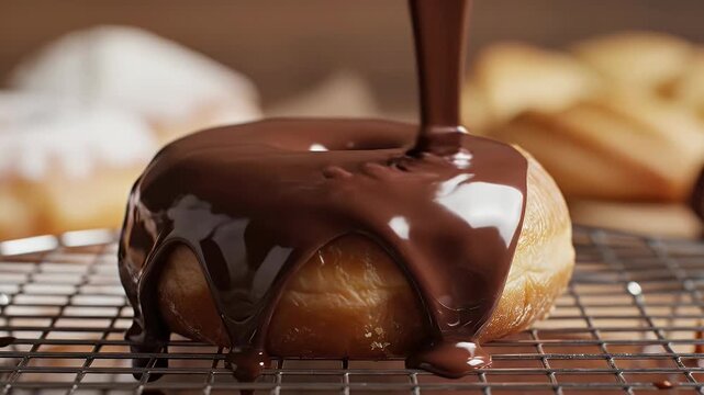 Thick chocolate glaze pouring over a sweet donut