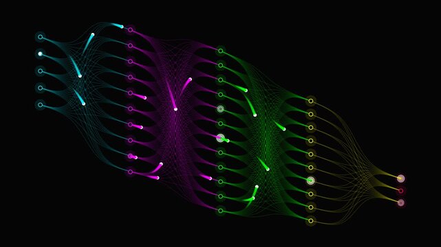 Modern business analytics concept display with organized information streams moving through a processing grid showing the stages of computation from input to output in a seamless loop.