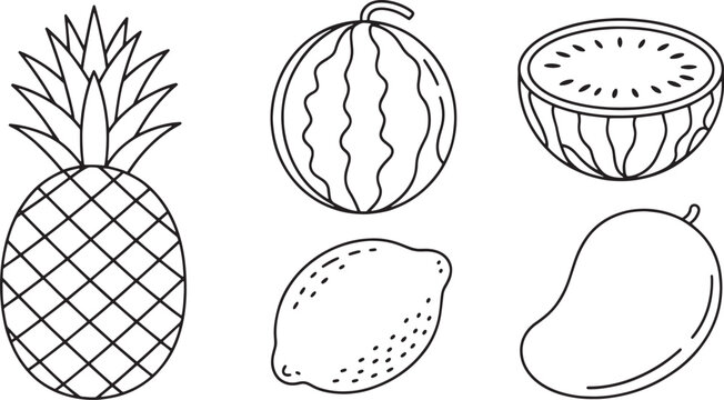 Assortment of tropical and citrus fruit outlines including a whole pineapple, a whole watermelon, a halved watermelon, a lemon, and a mango.