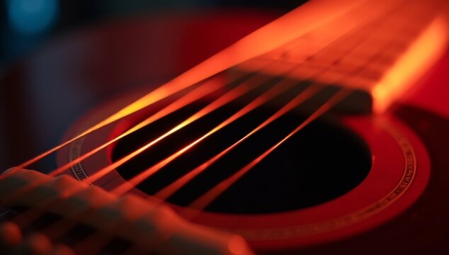 Close-up view of an acoustic guitar with strings and soundhole illuminated by warm light.