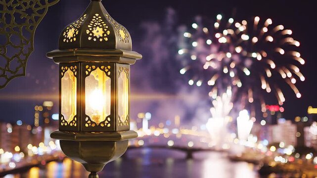 Lantern on a city bridge at night with fireworks in the background celebrating a festive occasion