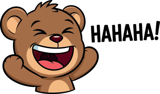 Happy cartoon bear laughing with hands raised