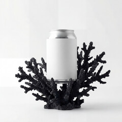 Professional model of medium sized can bottle on coral reef.