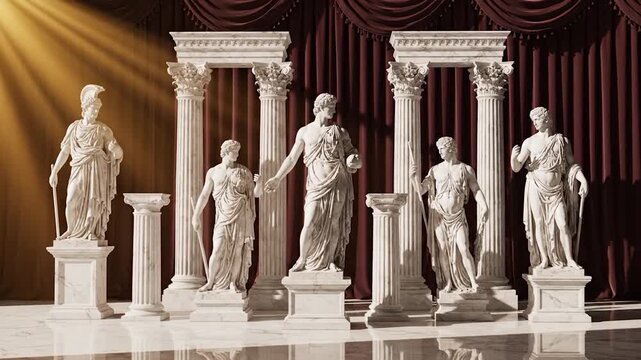 Classical marble statues and Corinthian columns stand against a burgundy velvet backdrop