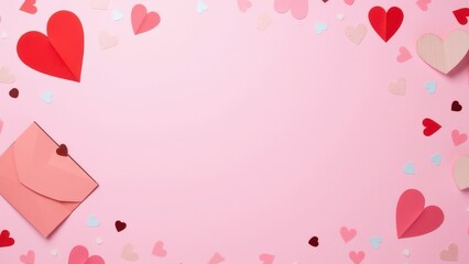 valentines day concept background with confetti and greeting card on pink surface flat lay celebration scene with place for text and open copy space banner 
