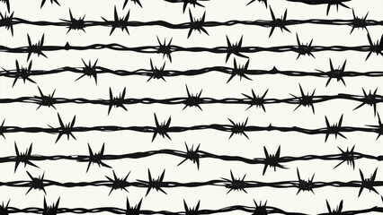 Seamless pattern of barbed wire, featuring sharp points and twisted strands in a repeating design..eps