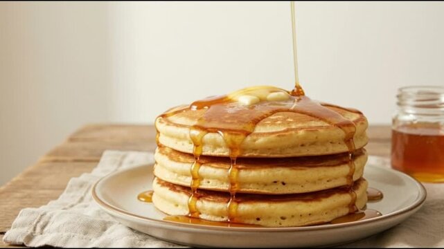 Close-up of a stack of fluffy pancakes with maple syrup dripping