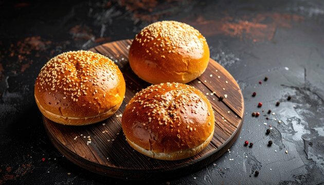 Three Golden Burger Buns with Sesame Seeds on a Dark Wooden Board Placed Atop Mottled Black Surface with Pepper Seeds Around Still Life