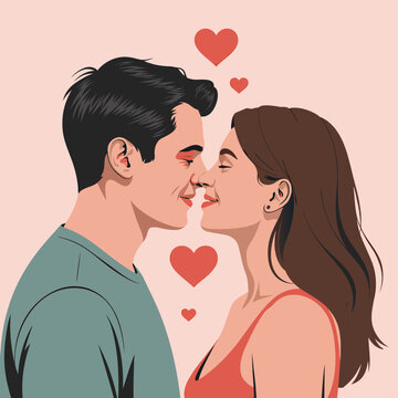 A digital illustration depicts a couple intimately close nearly touching noses with hearts