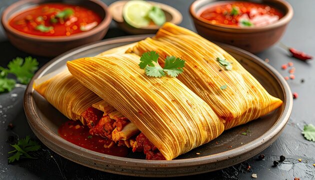 Three Golden Tamales on Brown Plate with Red Sauce Garnish and Lime Wedges on Dark Gray Textured Background
