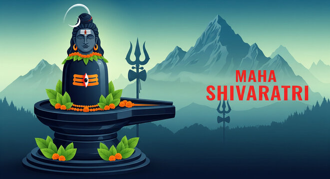 Hindu Festival Maha Shivratri with Lord Shiva and Typography In Hindi Text writing maha shivratri.OM NAMAH SHIVAY