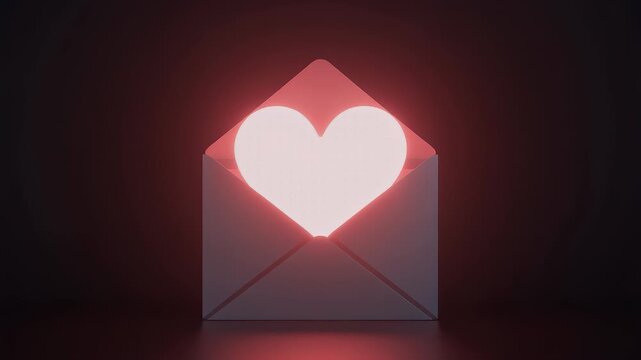 An envelope opens to reveal a glowing heart symbolizing love and affection in a dark environment