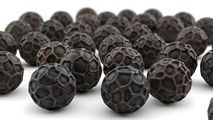 Elevated studio shot showcasing aromatic whole black peppercorns texture