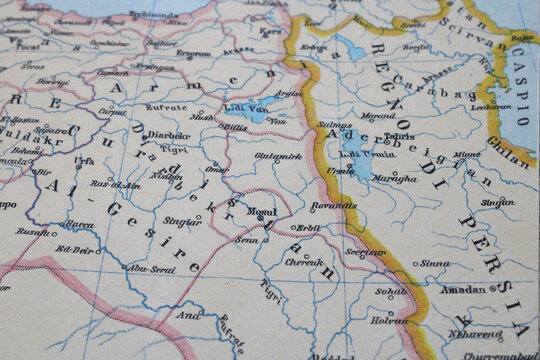 Map detail of the Middle East and Mesopotamia. Vintage Italian cartography from the early 20th century featuring &ldquo;Al-Gesire,&rdquo; &ldquo;Armenia,&rdquo; and &ldquo;Kingdom of Persia.&rdquo; Antique print, aged paper.