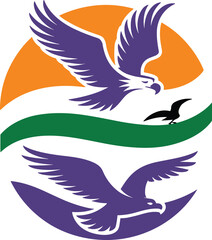 Obraz premium Purple birds flying over green and orange background with black bird silhouette