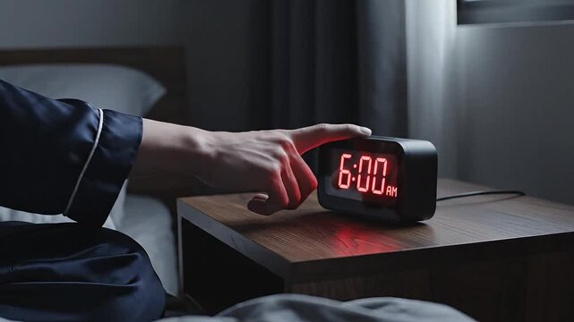 A person reaches for a red digital alarm clock on a bedside table in a darkened bedroom