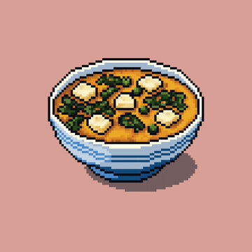 Vector pixel art illustration of a Miso soup in a blue striped ceramic bowl. The image features a vibrant, 16-bit retro style with soft tofu and chopped scallions on a soft pink background.