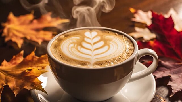 Steaming latte art in white mug surrounded by vibrant autumn leaves