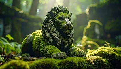 Moss-Covered Stone Lion Sculpture, Historic Artifact