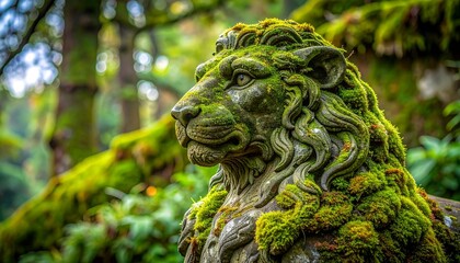 Moss-Covered Stone Lion Sculpture, Historic Artifact