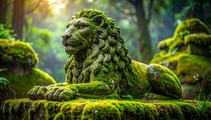 Moss-Covered Stone Lion Sculpture, Historic Artifact