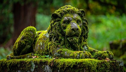 Moss-Covered Stone Lion Sculpture, Historic Artifact