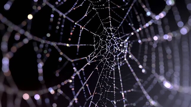 Dew Drops on Spiderweb at Night
