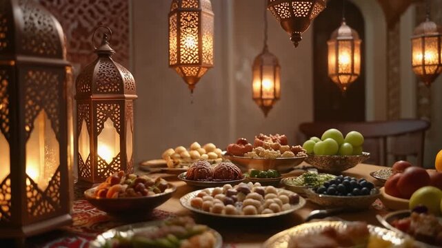 Traditional Middle Eastern Ramadan Iftar Feast with Lanterns in a Decorative Dining Room