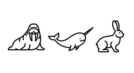 Adorable Black Line Icons of Diverse Animals Including a Walrus, Narwhal, and Rabbit Representing Wildlife