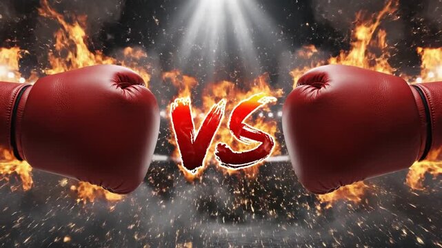 Two! red boxing gloves collide amid roaring flames, explosive sparks, and a bold versus sign, hyped