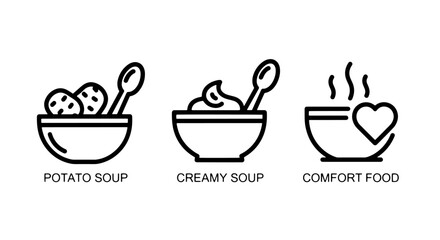 Hearty and Creamy Comfort Food Soups: Potato, Mushroom, and Warm Heart Bowls Line Icons