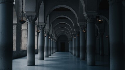 Obraz premium Shadowy arched hallway with columns and softly glowing hanging lanterns