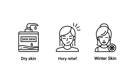 Obraz premium Winter Skin Care and Dryness Relief Line Art Icons: Lotion, Hydration, and Cold Weather Protection