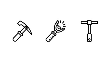 Obraz premium Manual Hardware and Utility Hand Tool Icons including a Pickaxe, Slingshot, and Socket Wrench for Repair