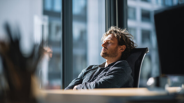 A weary office employee sitting alone at a desk in a slouched position with eyes closed, depicting workplace burnout, exhaustion, and mental fatigue in a modern corporate setting