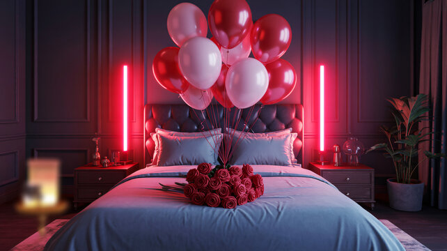 Romantic Bedroom with Red and White Balloons in Neon Lighting on Luxurious Bedding for Valentines Day Decor