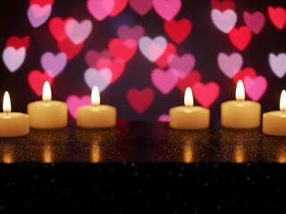 Row of glowing tealight candles on a glitter surface with pink and red heart bokeh lights, romantic Valentine love background mockup
