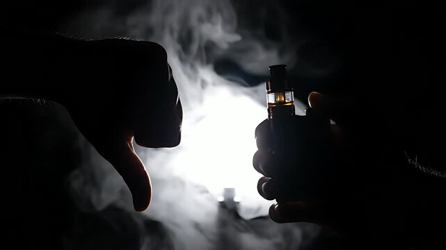 Silhouette of a hand giving a thumbs down gesture contrasts sharply with a handheld electronic vaping device emitting dense white smoke in dramatic dark lighting.
