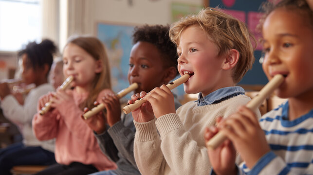 A heartwarming scene of diverse elementary school students happily playing wooden flutes during a music lesson in a bright and creative classroom.
